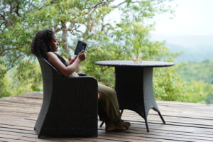 Reading on the balcony 